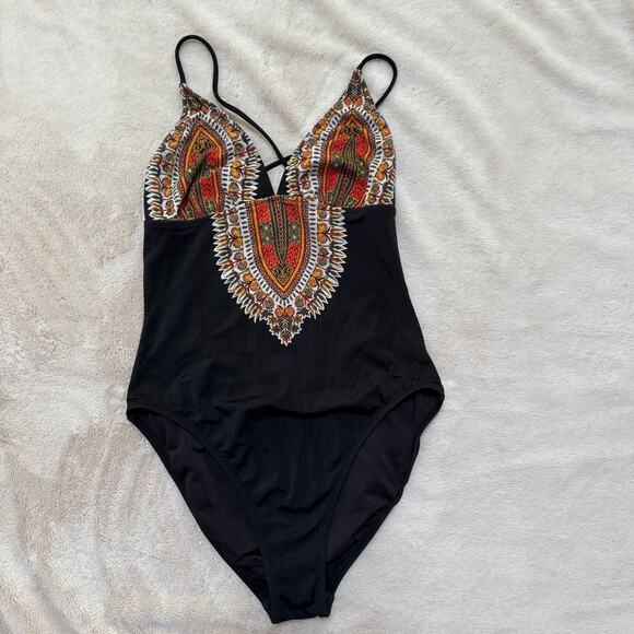 Red Carter One Piece Bathing Suit SZ 12 Open Criss Cross Back Boho Hippie Tribal - Picture 1 of 12
